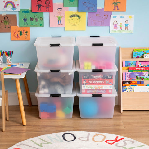 IRIS USA 32-quart storage bin showing stackable design on a shelf.