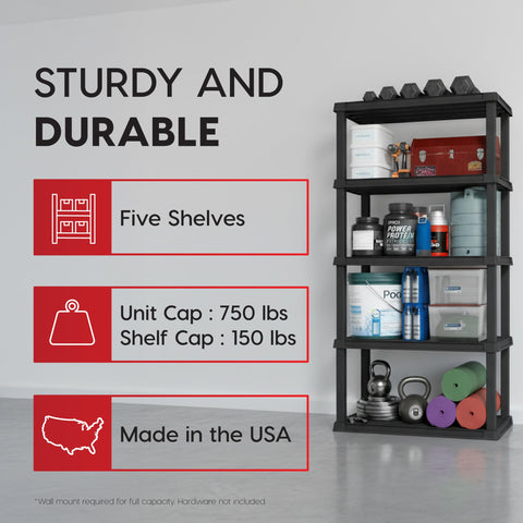 IRIS USA 5-tier shelf highlights 150lb per-shelf capacity for heavy bins.