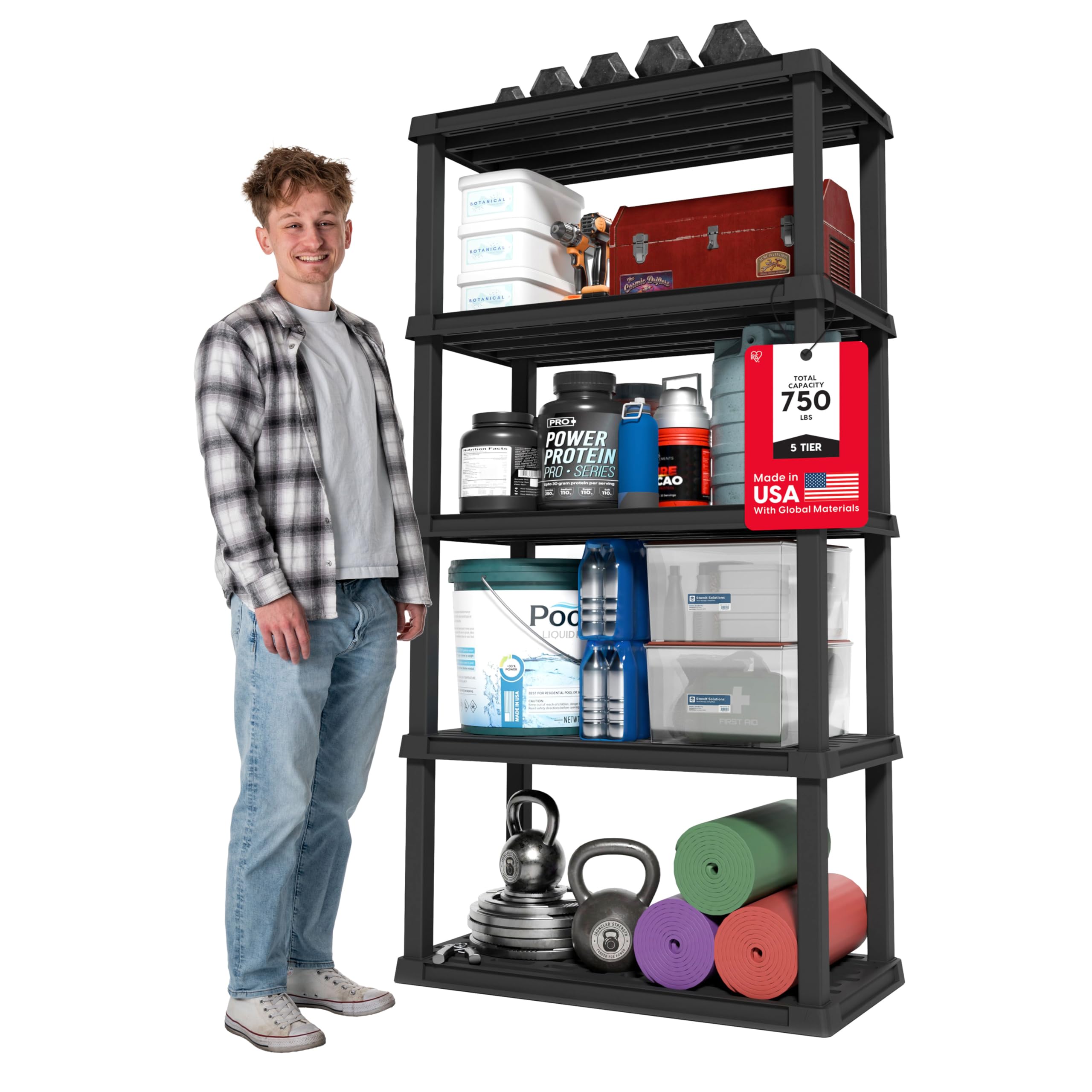 IRIS USA 5-tier shelving unit in a tidy garage showing large storage capacity.