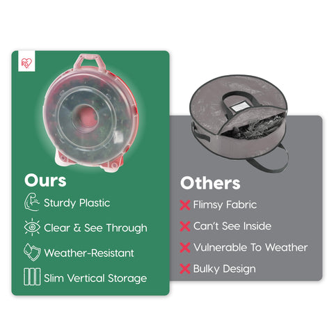 IRIS USA wreath storage container with clear lid allows quick content identification.