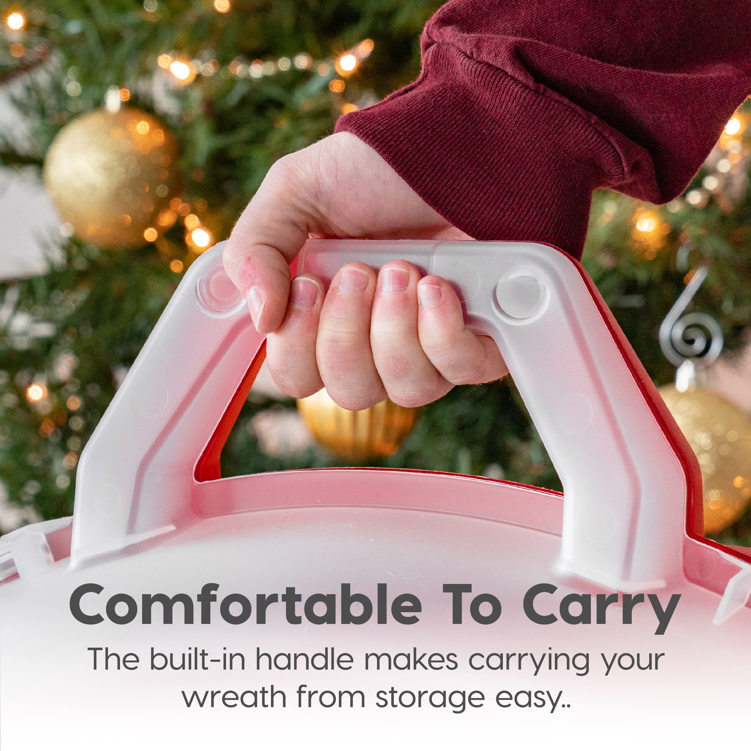 IRIS USA wreath storage container portable with a handle for easy transport.