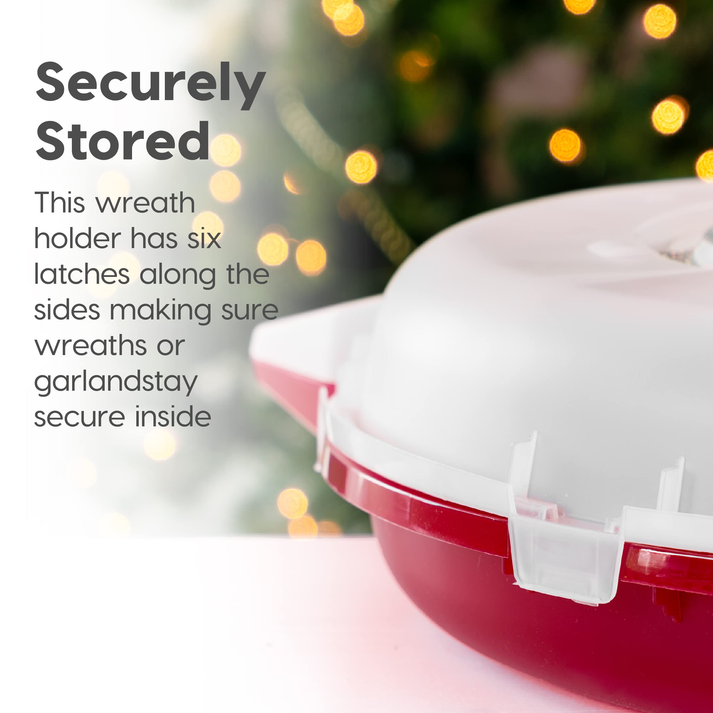 IRIS USA wreath storage container red and clear body for easy spotting of contents.