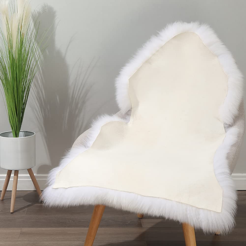 Living room sofa accent with IRIWOOL cream-colored sheepskin rug.