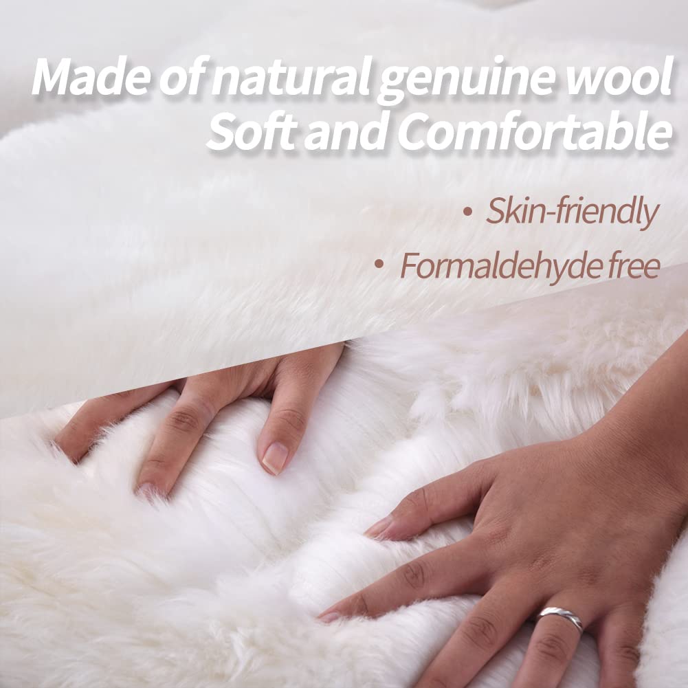 Creamy white IRIWOOL sheepskin rug used as bedroom decor for warmth and style.
