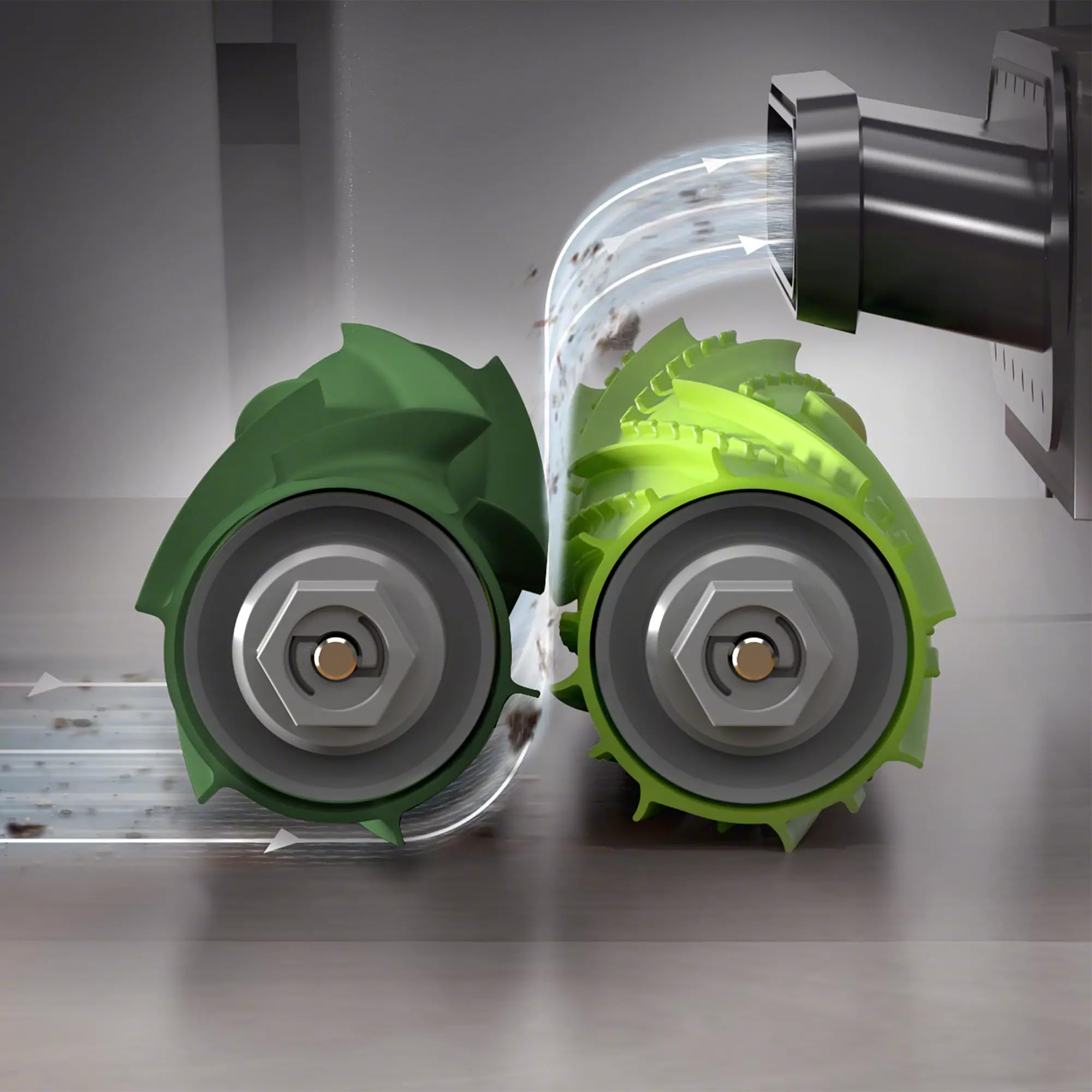 iRobot dual rubber brushes stay in contact with floors for consistent suction.