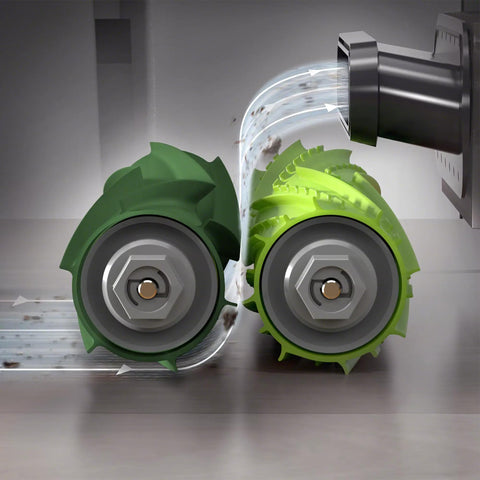 iRobot dual rubber brushes stay in contact with floors for consistent suction.