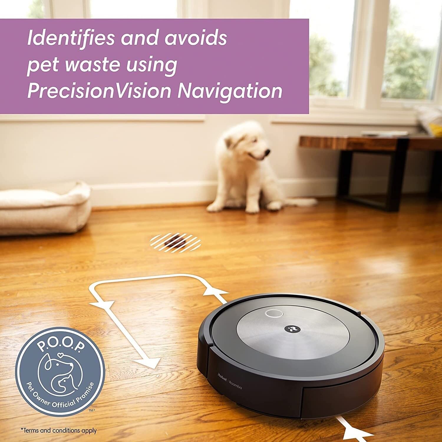 iRobot Roomba j7+ with POOP guarantee helps avoid pet waste in the home.