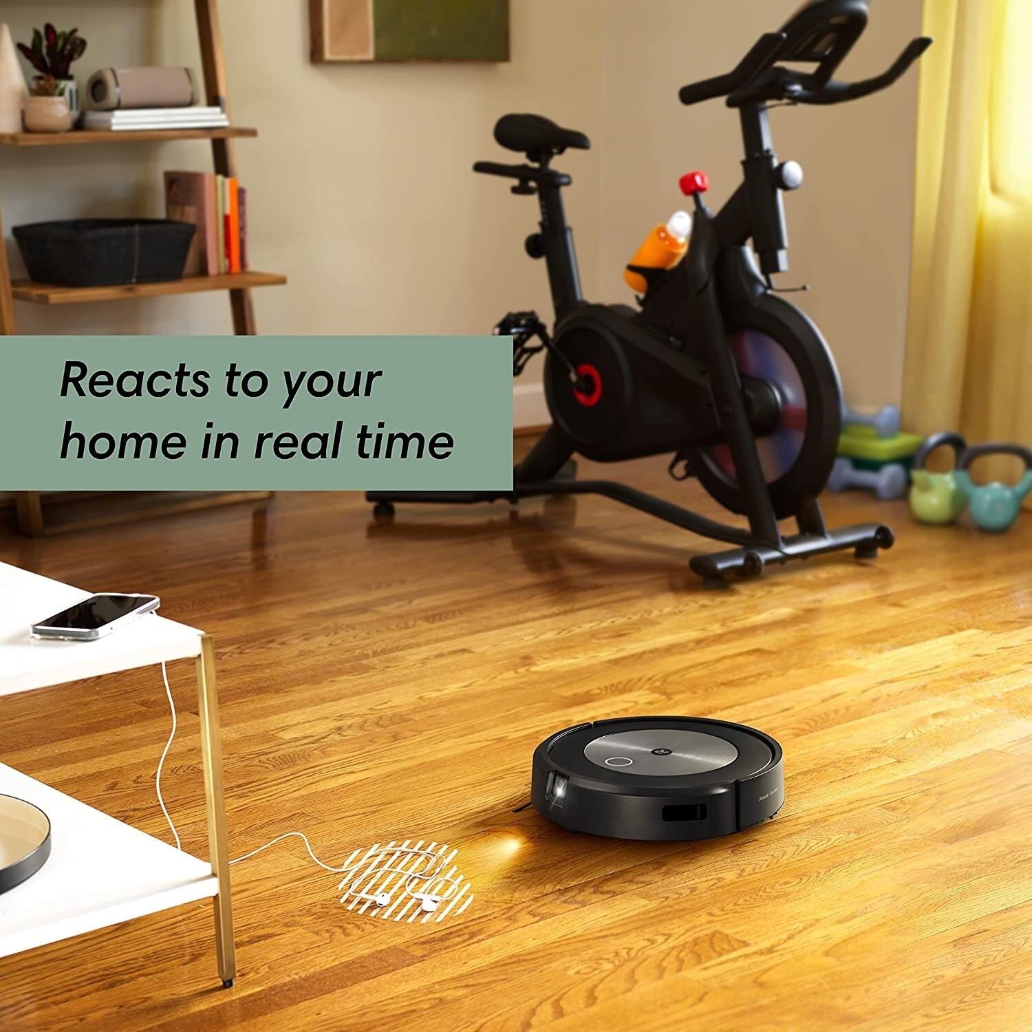 iRobot Roomba j7+ performs spot cleaning on demand via app or voice.