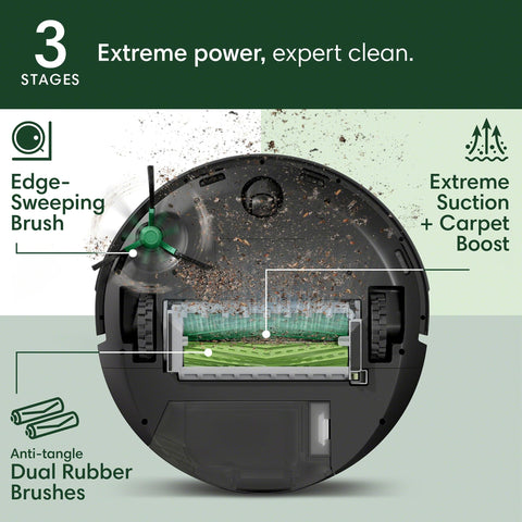 iRobot Roomba Plus 504 dual rubber brushes adapt to surfaces.