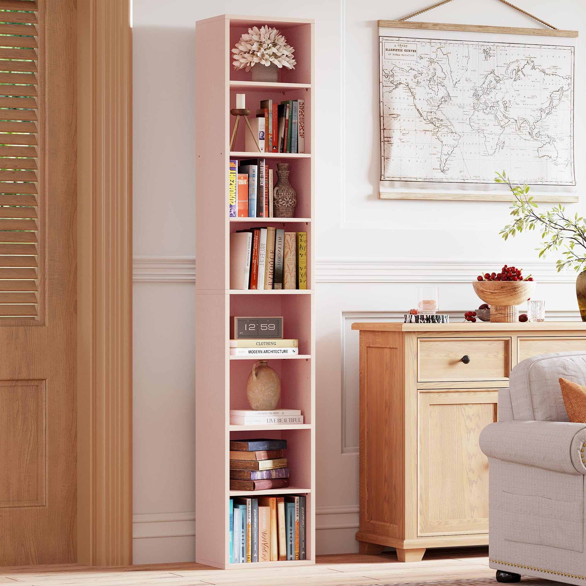 IRONCK tall narrow bookshelf with eight open cubes, easy setup.