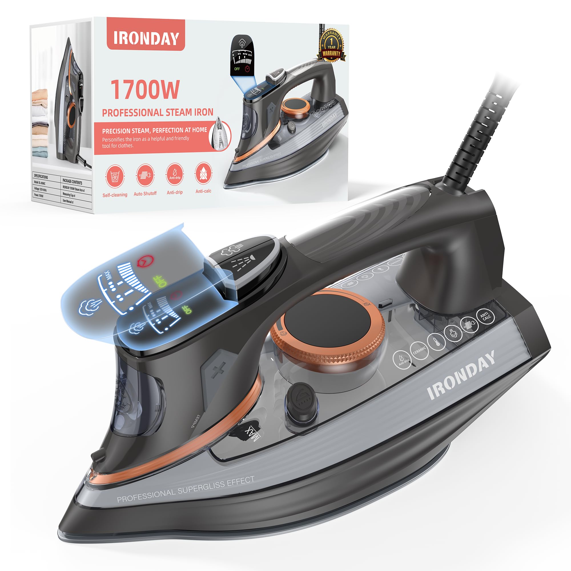 IRONDAY steam iron with LCD screen for precise fabric settings