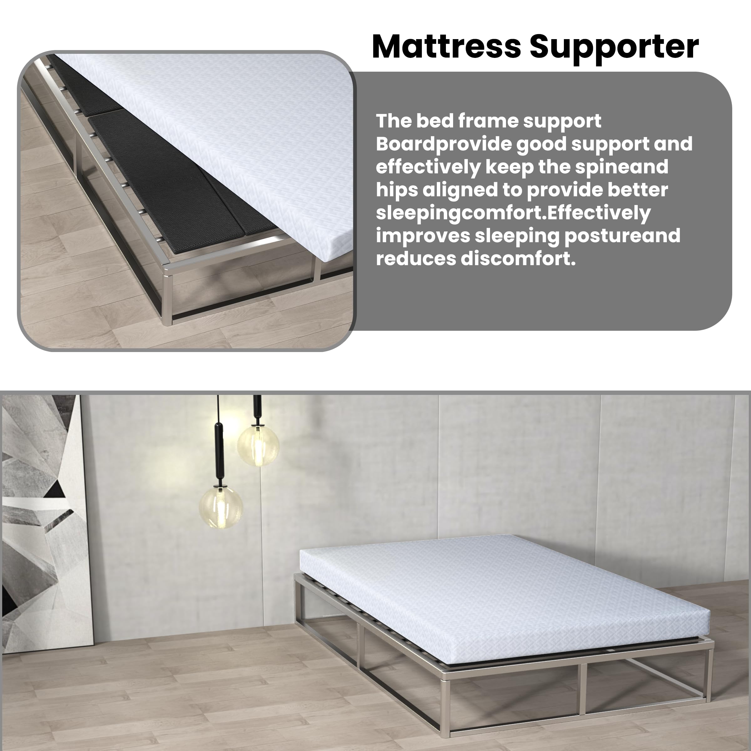 Irrical bunkie board folding format fits on top of existing mattresses for quick setup.