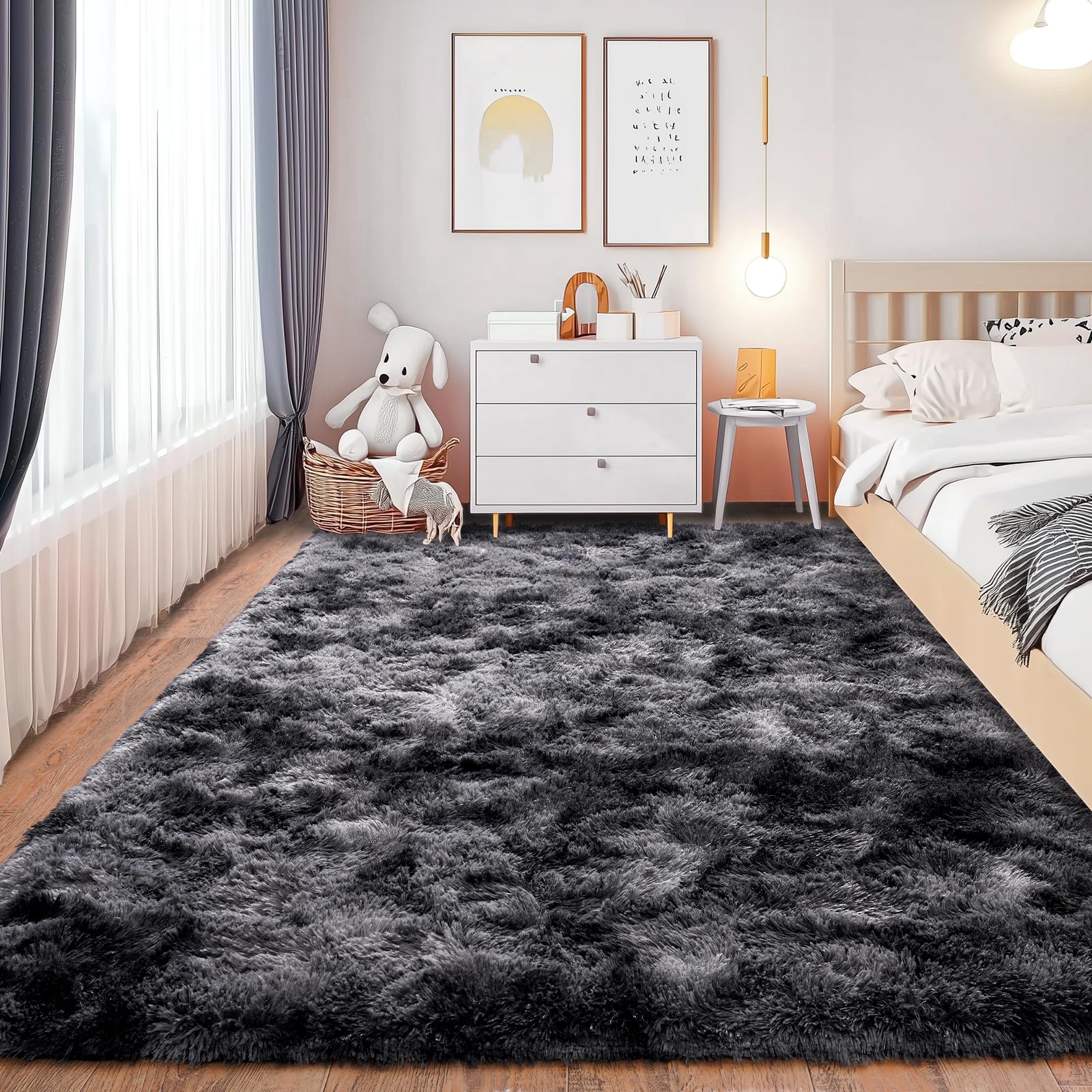 Isdook Non-Slip Bottom Fluffy Rug stays in place on wood floors.