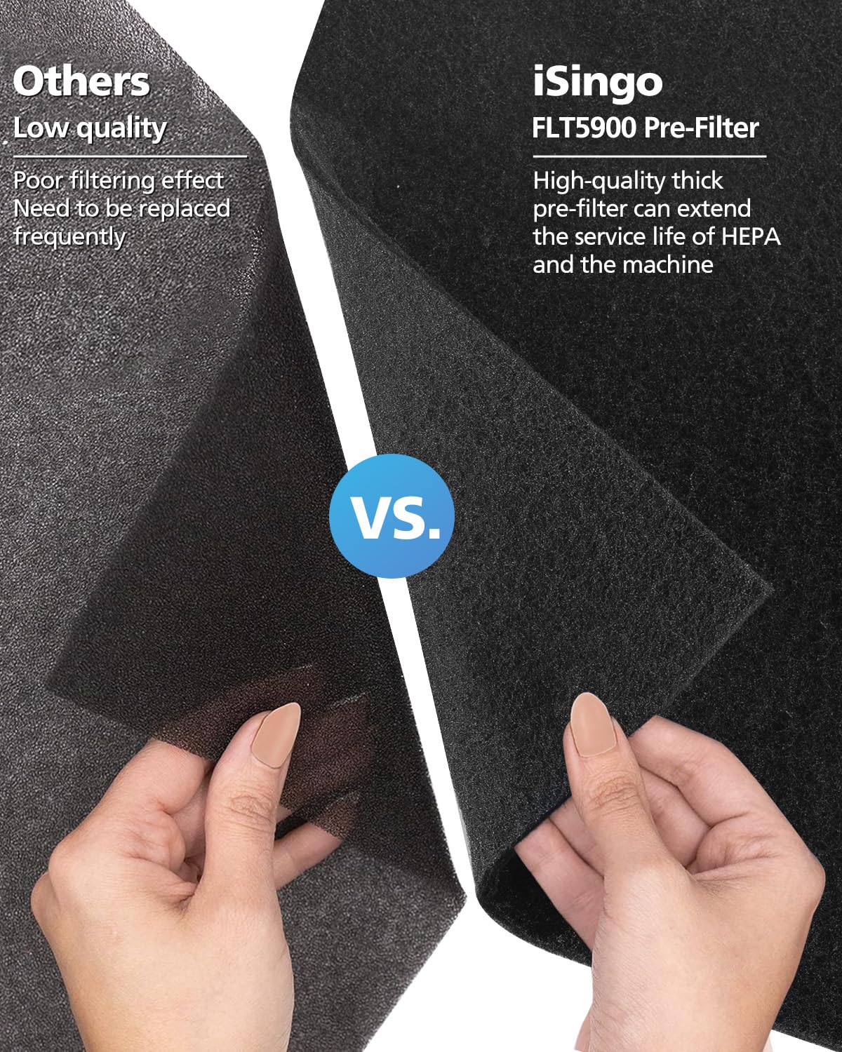 iSingo FLT5900 packaging includes 2 HEPA filters and 6 carbon pre-filters