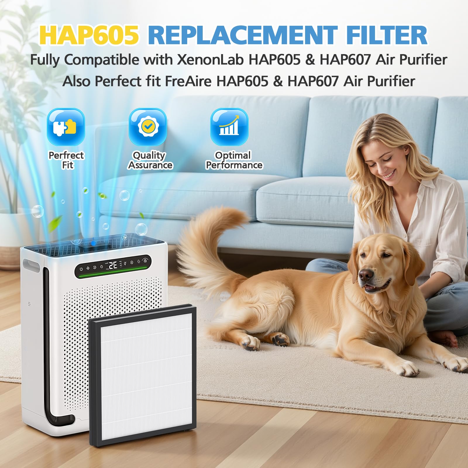 iSingo Hap605/HAP607 compatibility filter ensures snug fit on FreAire and XenonLab purifiers.