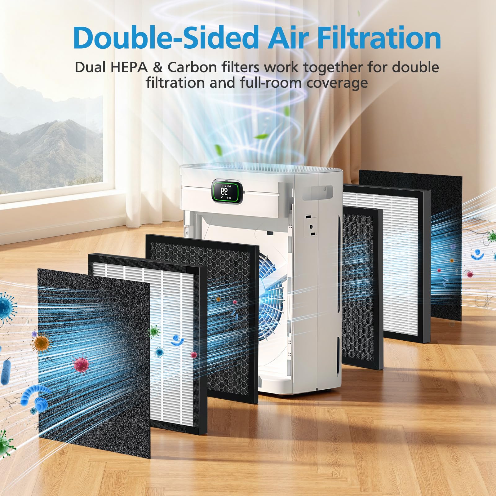 iSingo P358 HEPA filter close-up captures 99.97% of 0.3 micron particles
