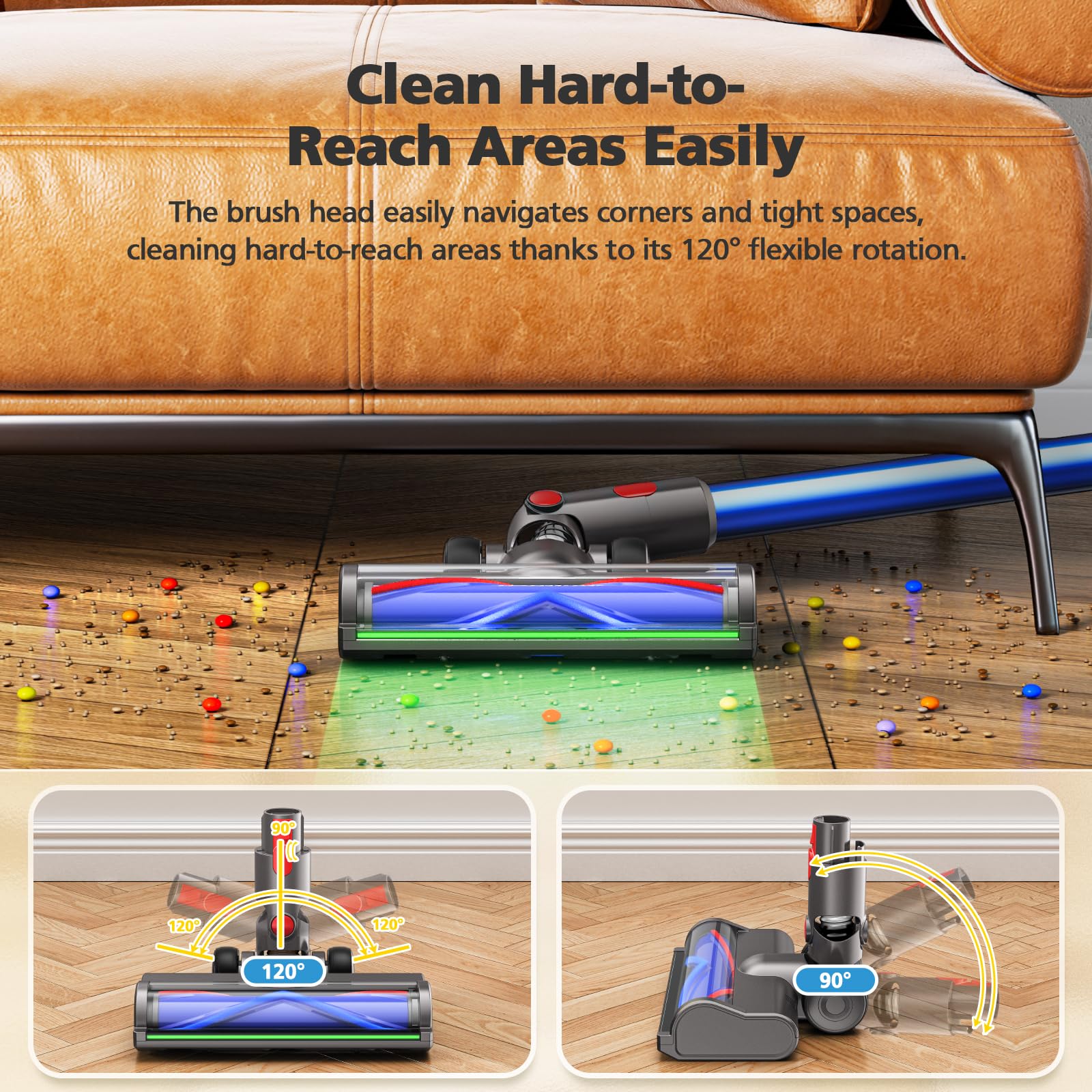 iSingo head cleans hardwood floors using soft bristles and wide suction