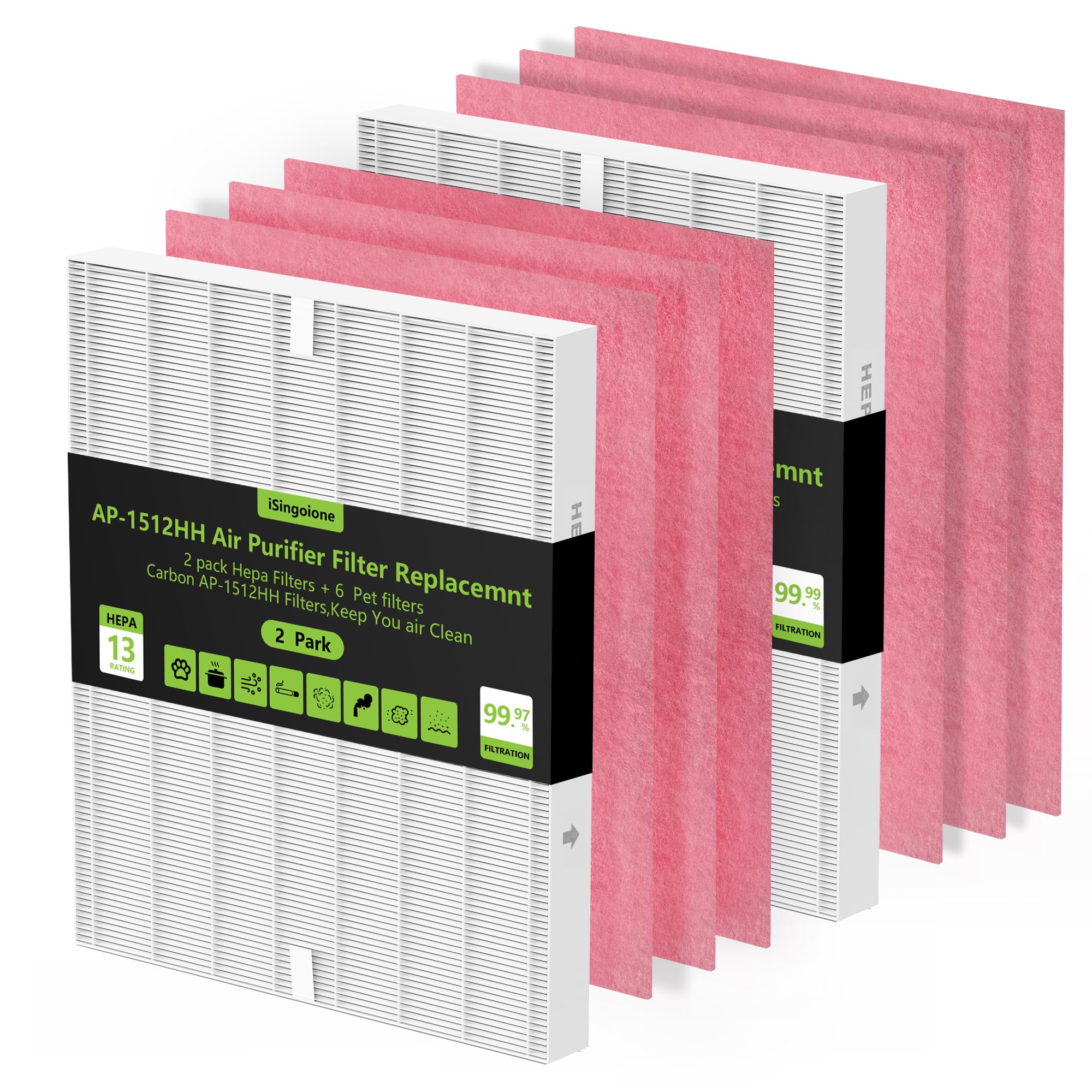 isingoione AP-1512HH packaging shows 8-pack filter set for easy replacement