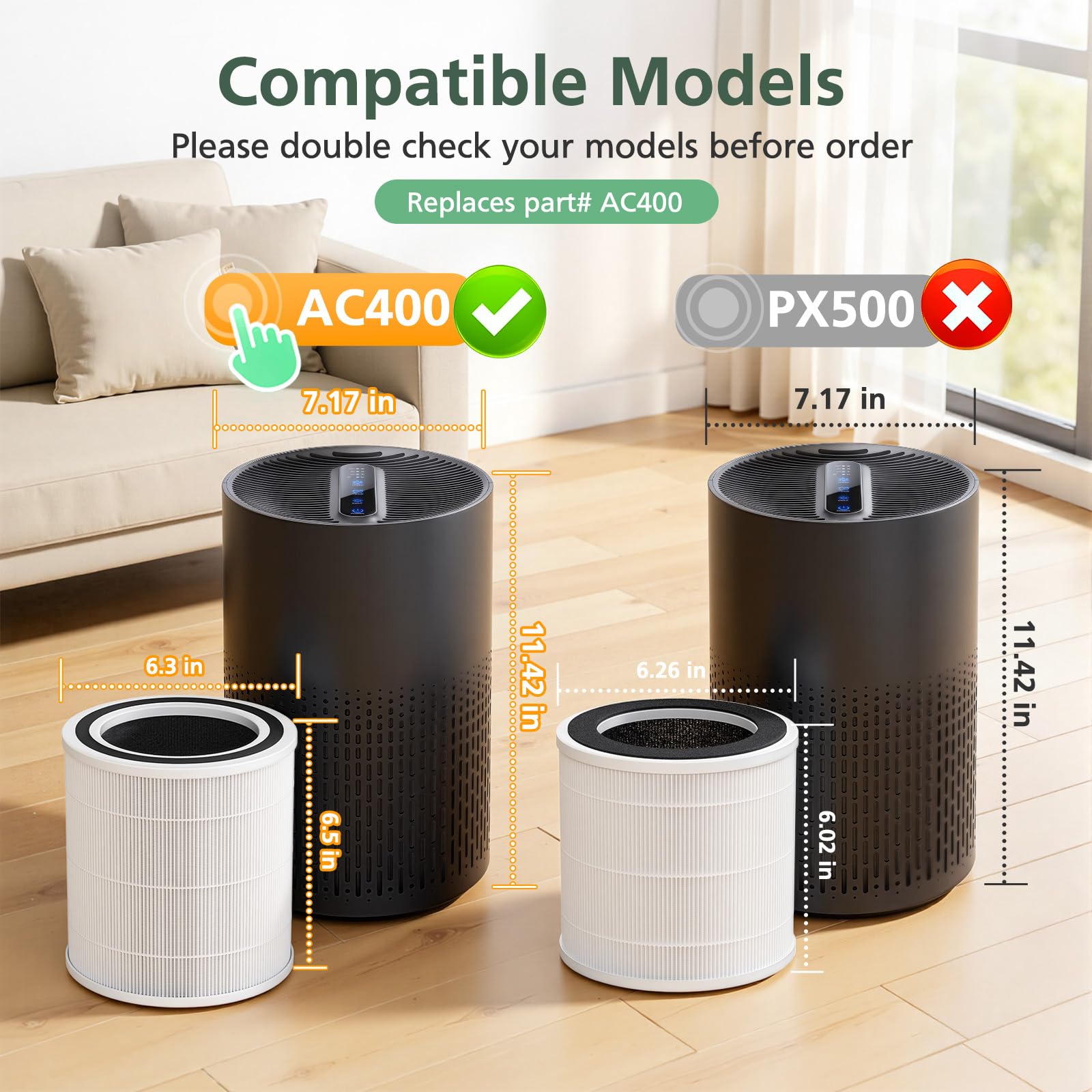 Isinlive AC400 two-pack filter side view illustrating slim fit for Purivortex AC400