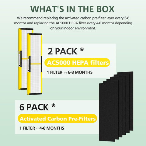 Two-pack FLT5000 HEPA replacement enhances air quality.
