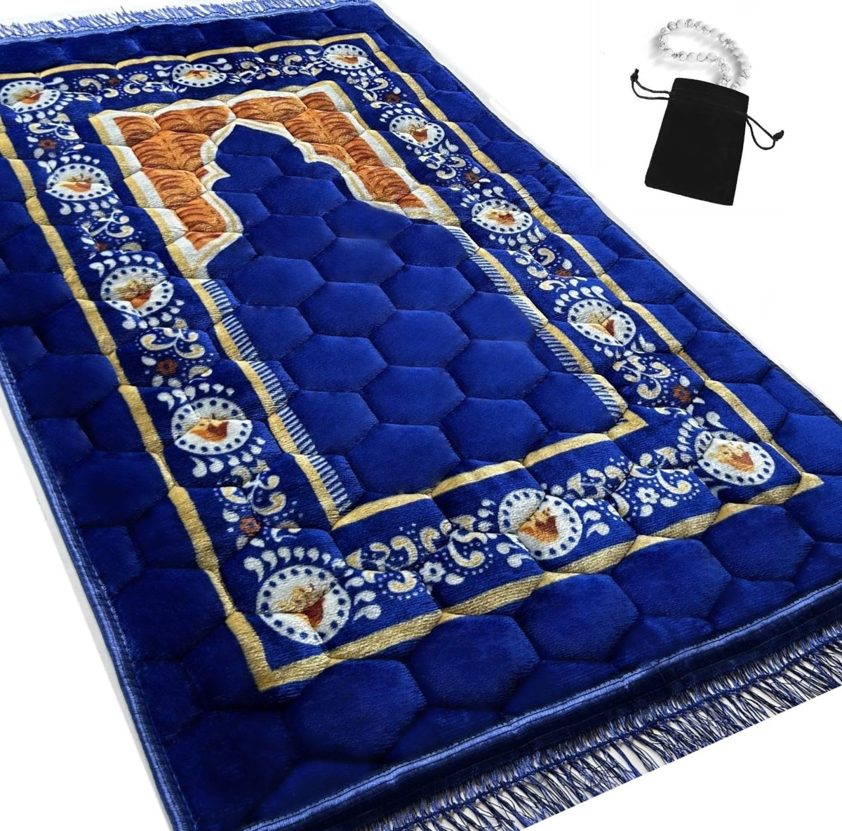 Islamika royal blue prayer rug, 47x32 inches, showcasing plush padding for comfort.