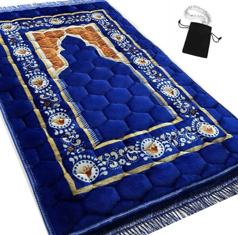 Islamika royal blue prayer rug, 47x32 inches, showcasing plush padding for comfort.