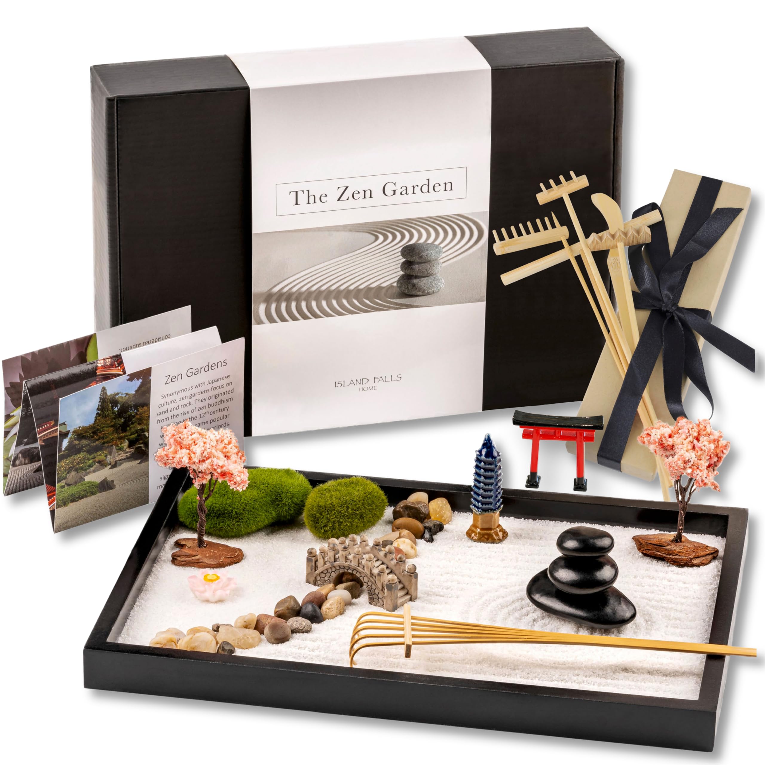 Island Falls Home Zen Garden Kit on a desk for calming focus and decorative appeal.