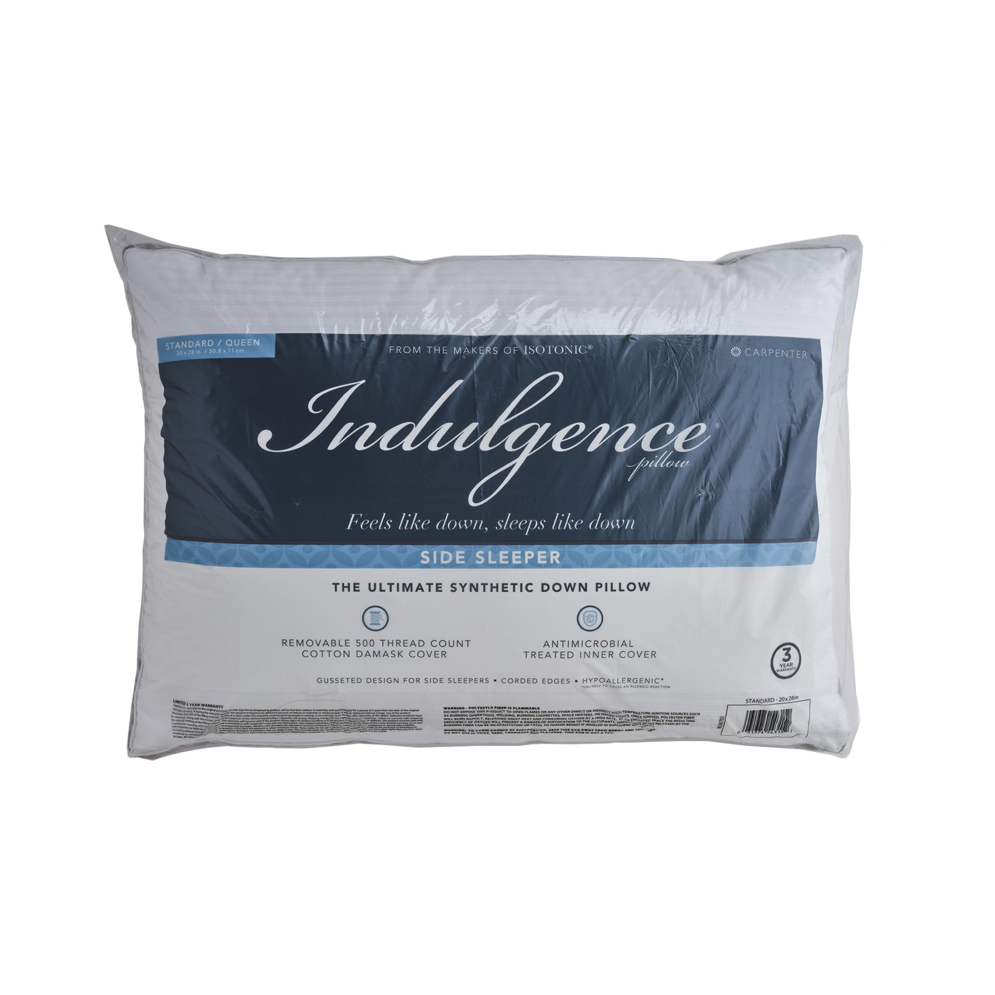 Isotonic Indulgence pillow label indicating machine-washable care