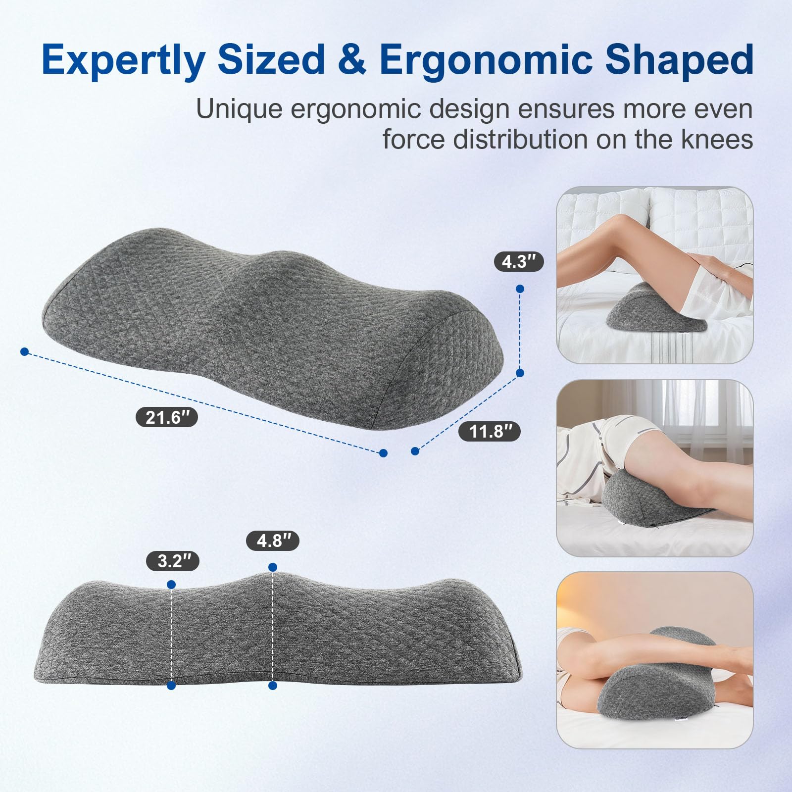ISUGWRCQ knee pillow with memory foam core delivers plush support with rebound.