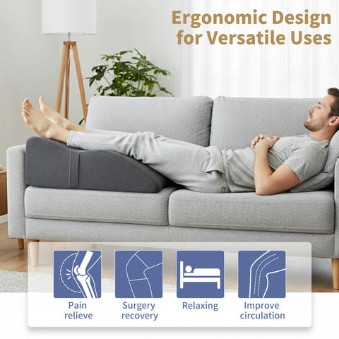 Itcozy leg elevation pillow side-angled view demonstrates stable support for knee and calf