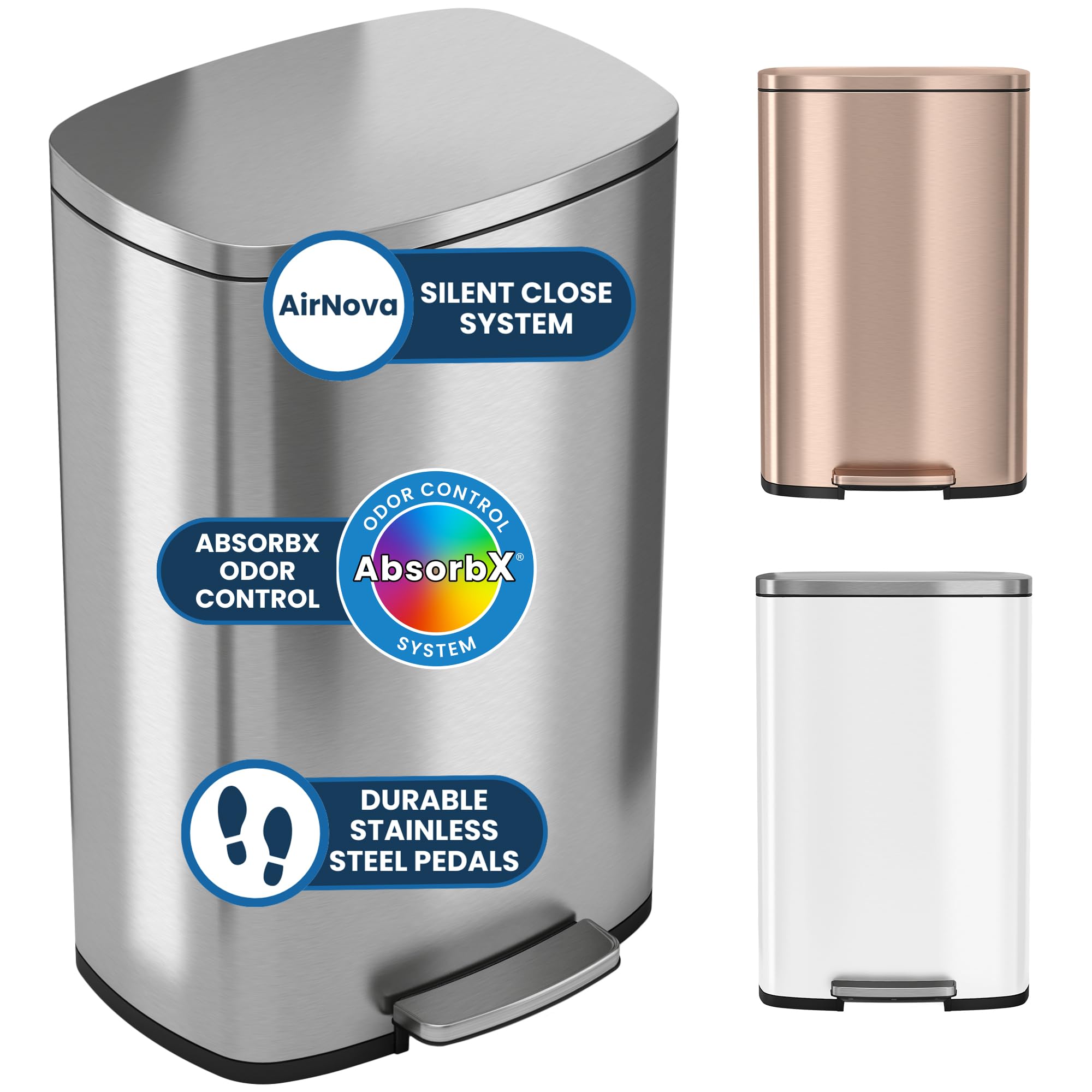iTouchless 13.2 gallon bin with pedal for hands-free waste disposal and clean lines.