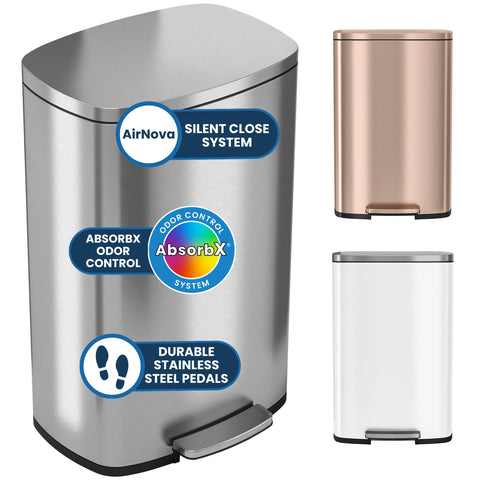 iTouchless 13.2 gallon bin with pedal for hands-free waste disposal and clean lines.