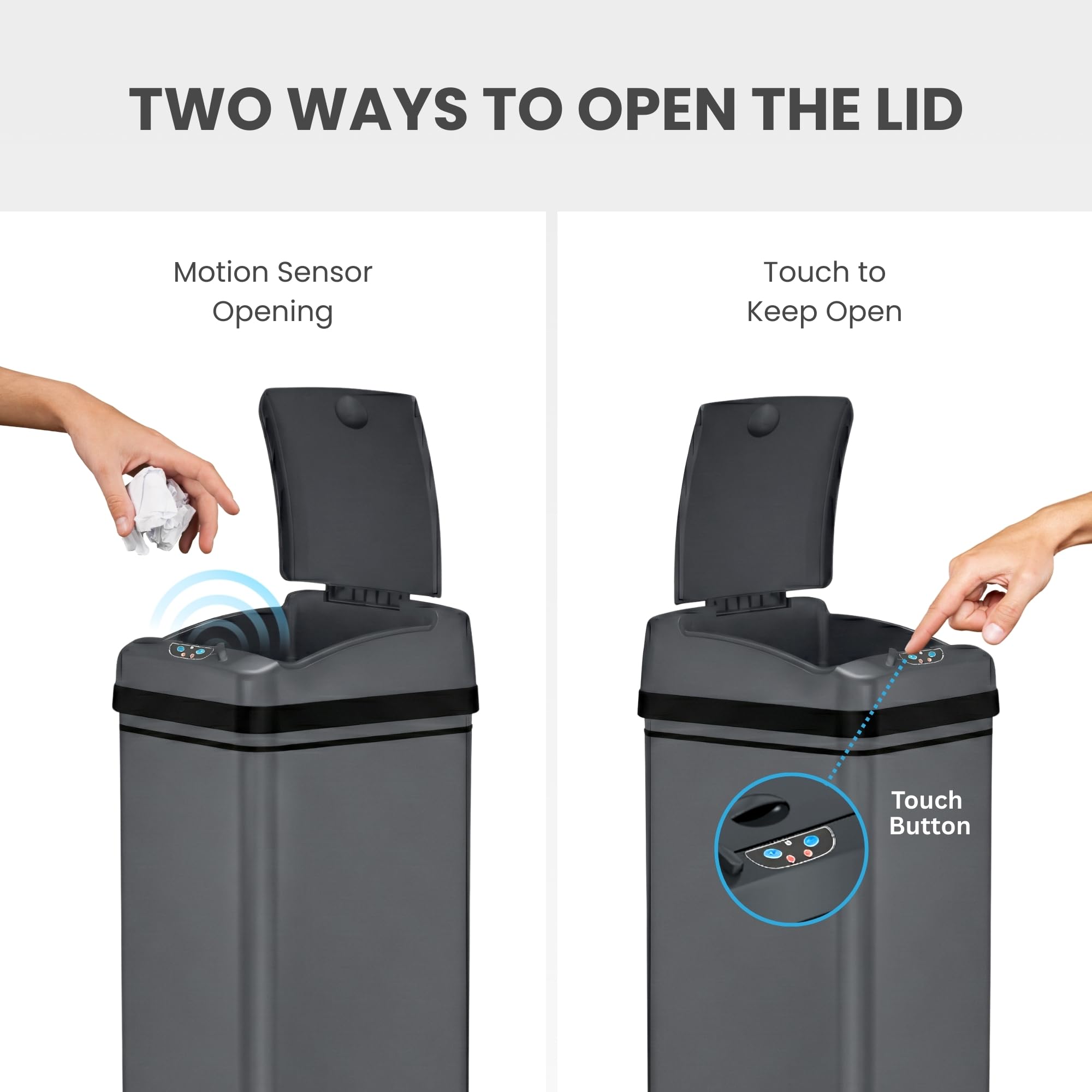 iTouchless 13-gallon no-liner design reducing bag changes in busy spaces