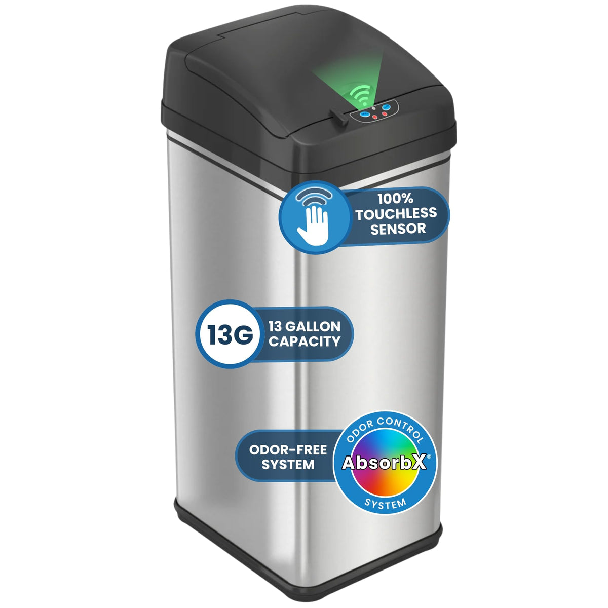iTouchless 13-gallon sensor trash can lid in action for hands-free waste disposal
