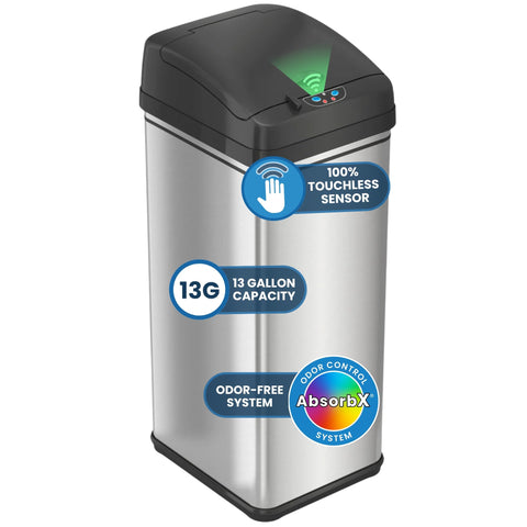iTouchless 13-gallon sensor trash can lid in action for hands-free waste disposal