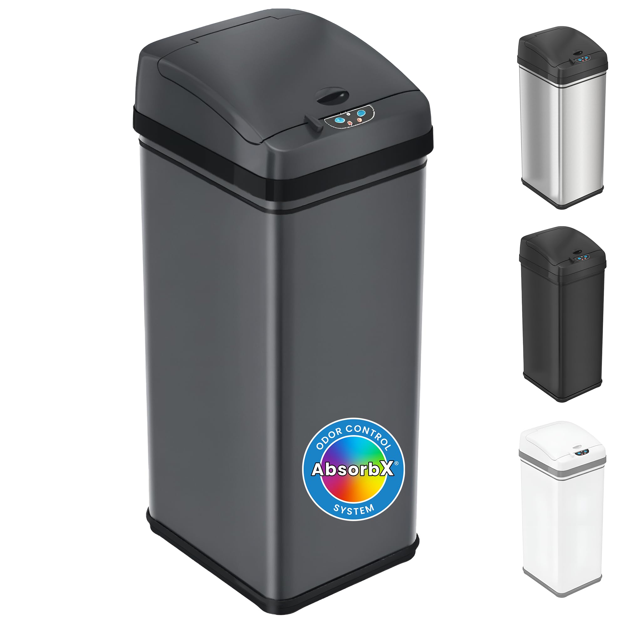 iTouchless 13-gallon smart bin lid-open view demonstrating touchless operation for hands-free use