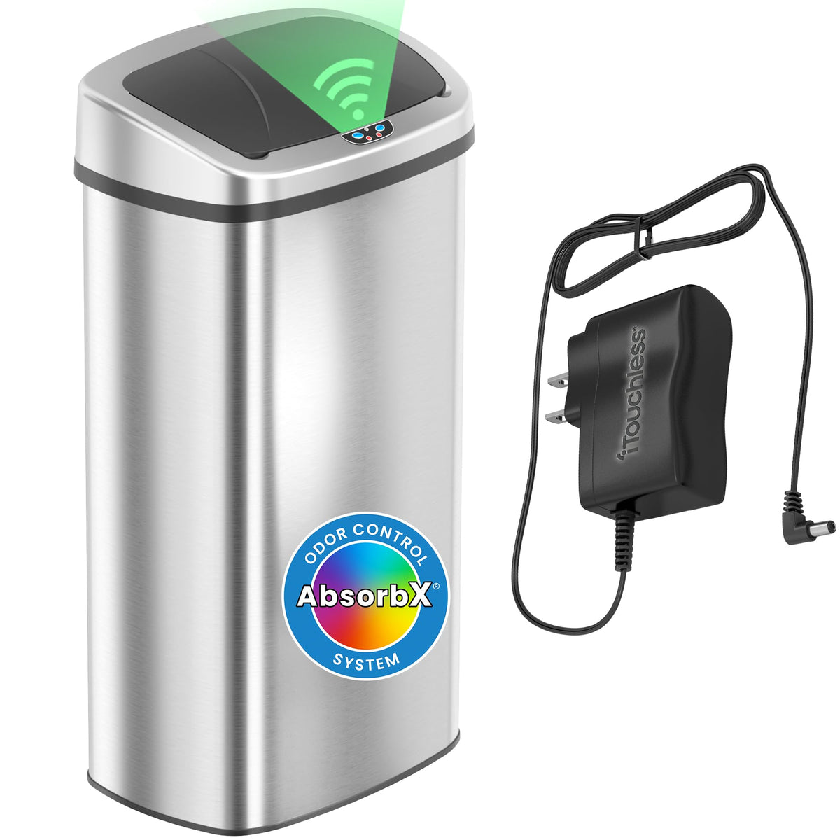 Itouchless 24gallon sensor trash can lid-open enhances hands-free cleanliness in busy kitchens.