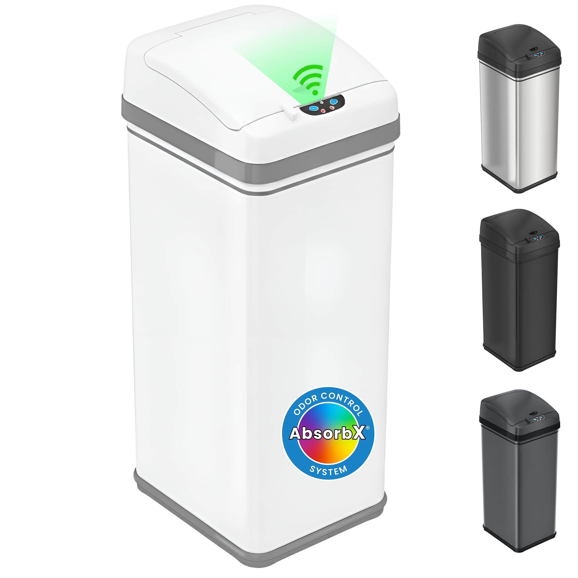 iTouchless 50L motion-sensor bin front view showing hands-free operation benefits