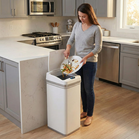 iTouchless 50L bin with lid open demonstrating touchless access