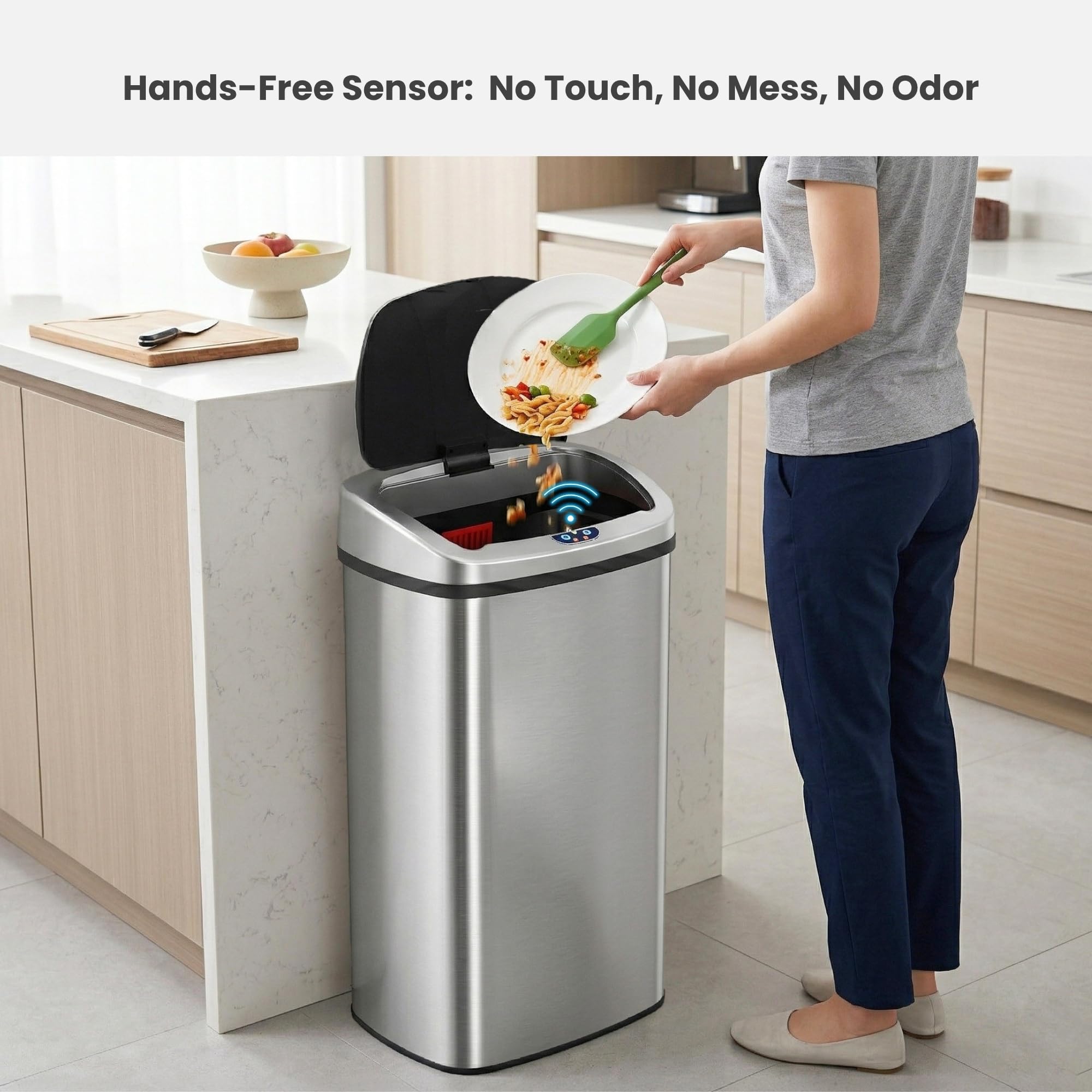 Itouchless 91l capacity bin minimizes frequent bag changes in high-traffic offices.