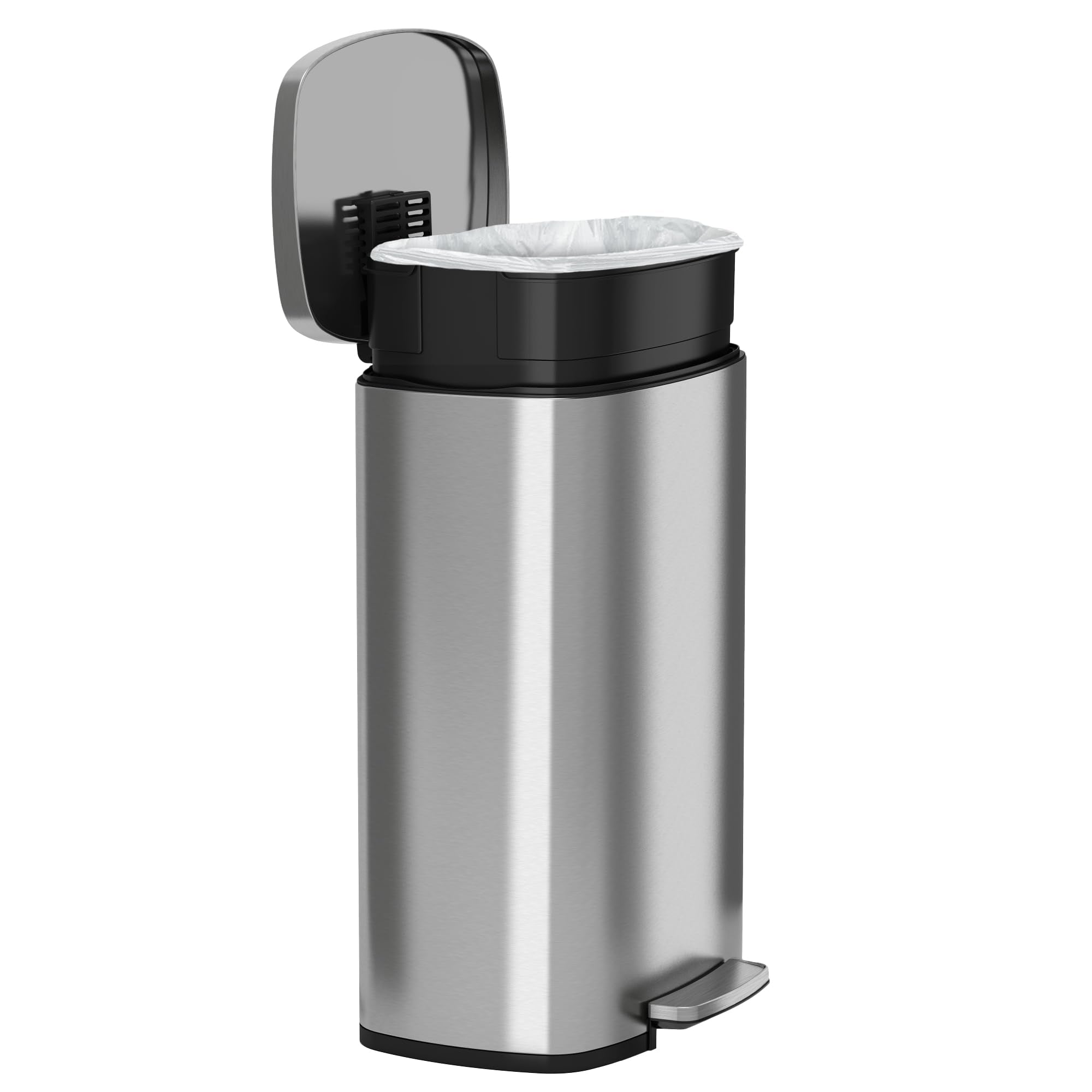 iTouchless non-slip base helps keep the bin steady on slick floors.