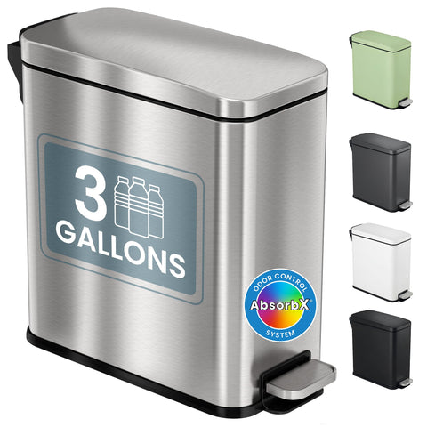 iTouchless small wastebasket with AbsorbX filter enhances freshness in a compact bathroom.