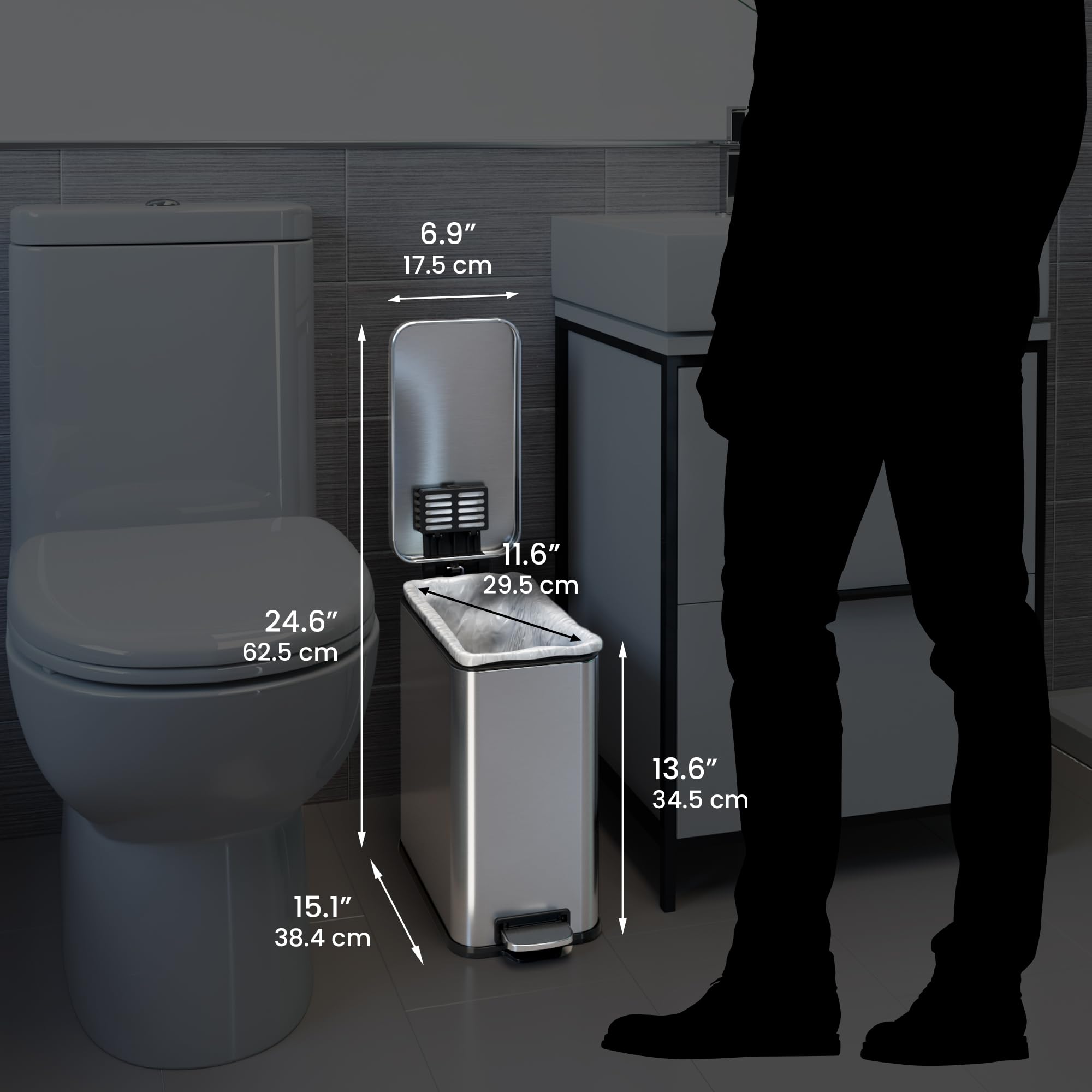 iTouchless compact design helps maximize tight bathroom corners.