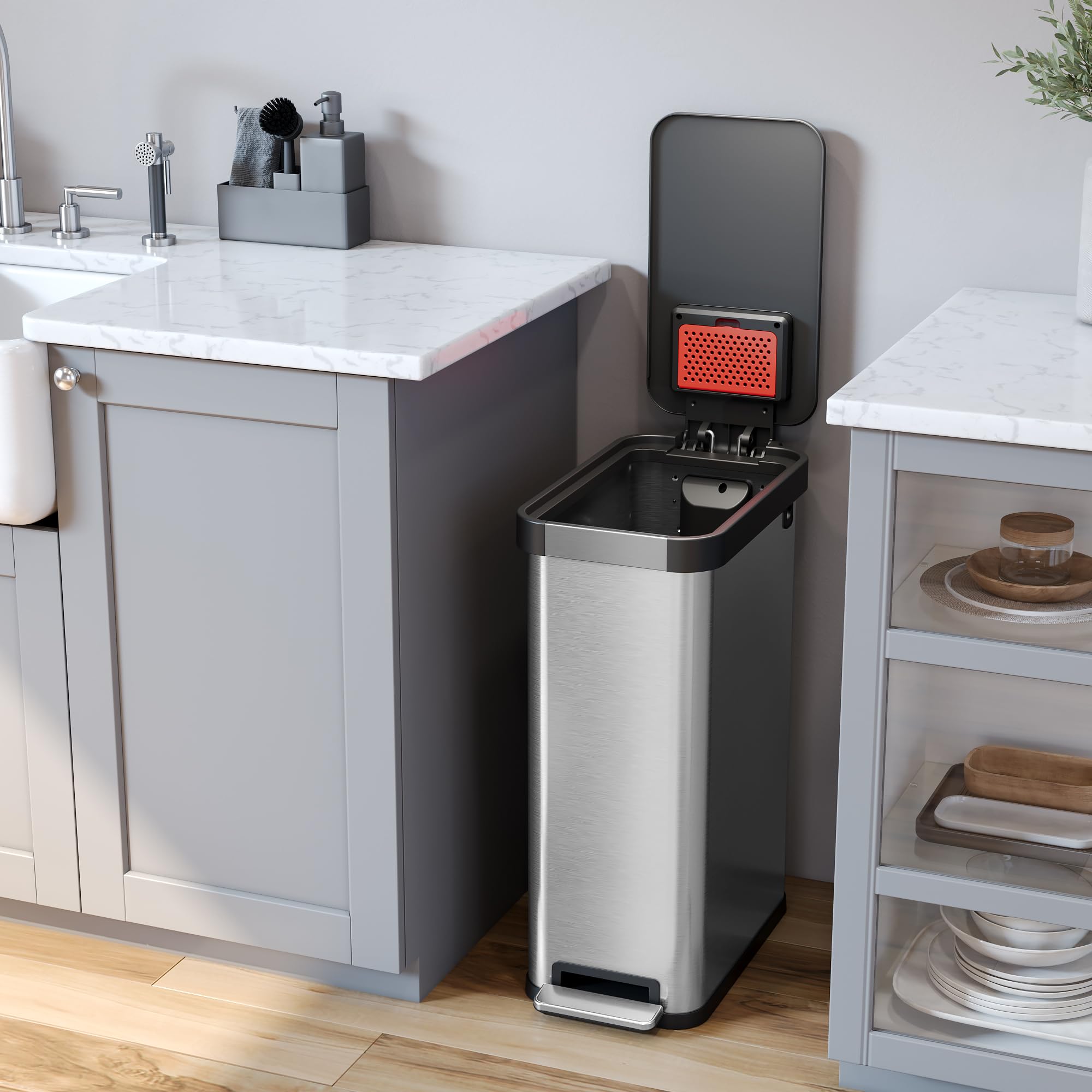 Itouchless SoftStep EXP stainless steel body stays smudge-free and polished.
