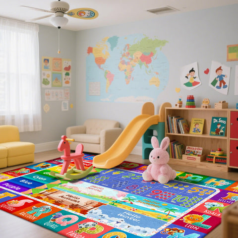 Itvgekp Montessori-friendly rug with integrated alphabet, numbers, and colors for learning corners.