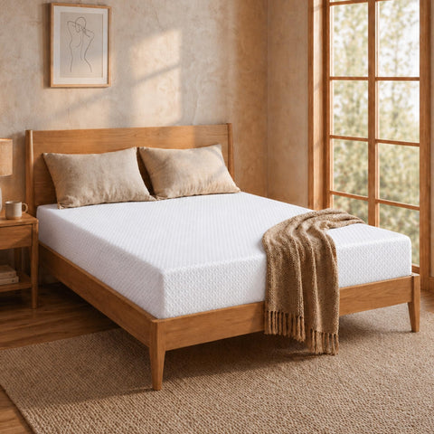 IULULU white twin mattress on a frame in a tidy kids’ room.
