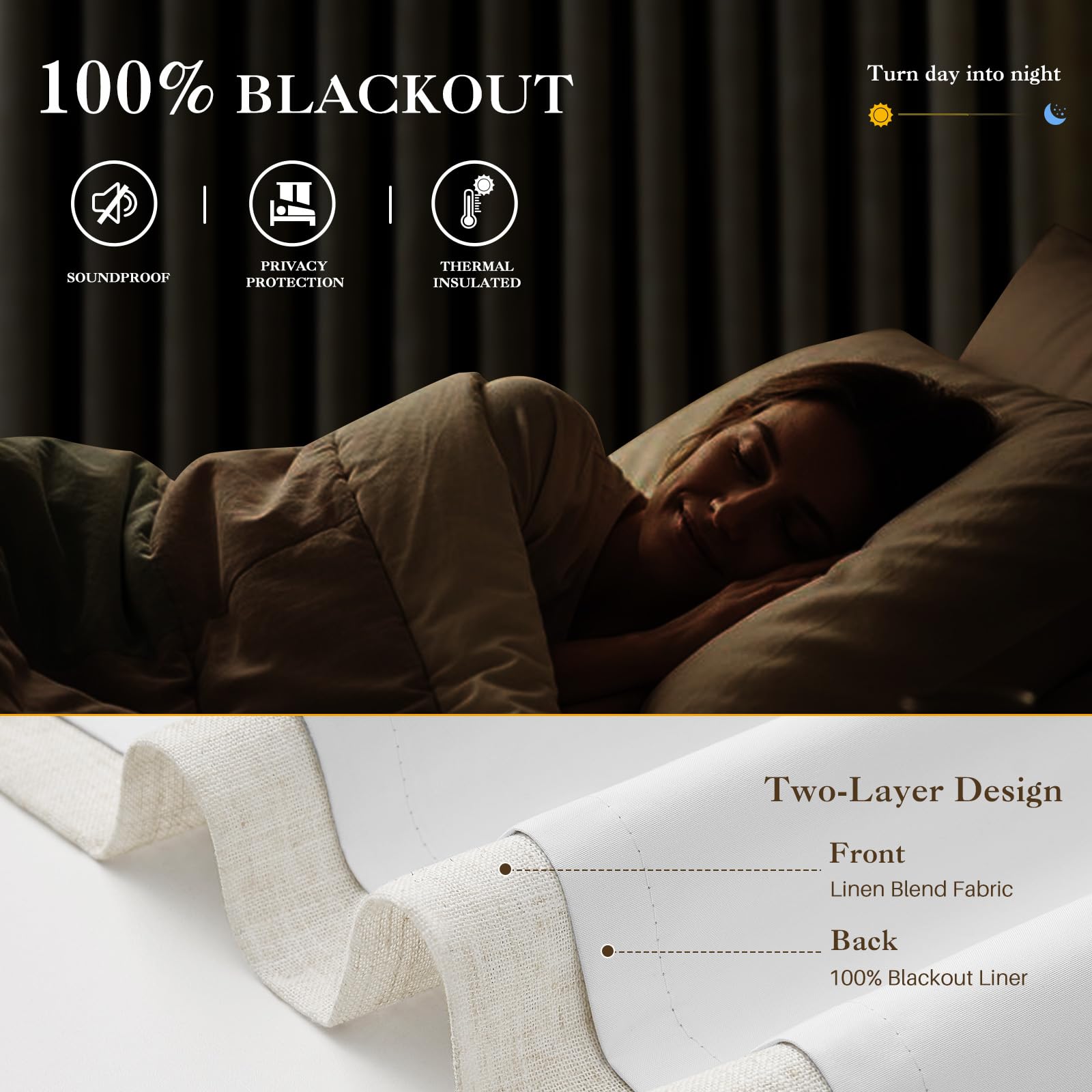 IVAPUPU blackout linen curtains block sunlight and UV rays for restful bedrooms.