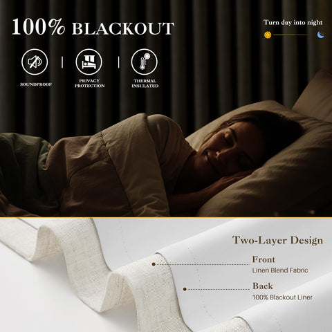 IVAPUPU blackout linen curtains block sunlight and UV rays for restful bedrooms.
