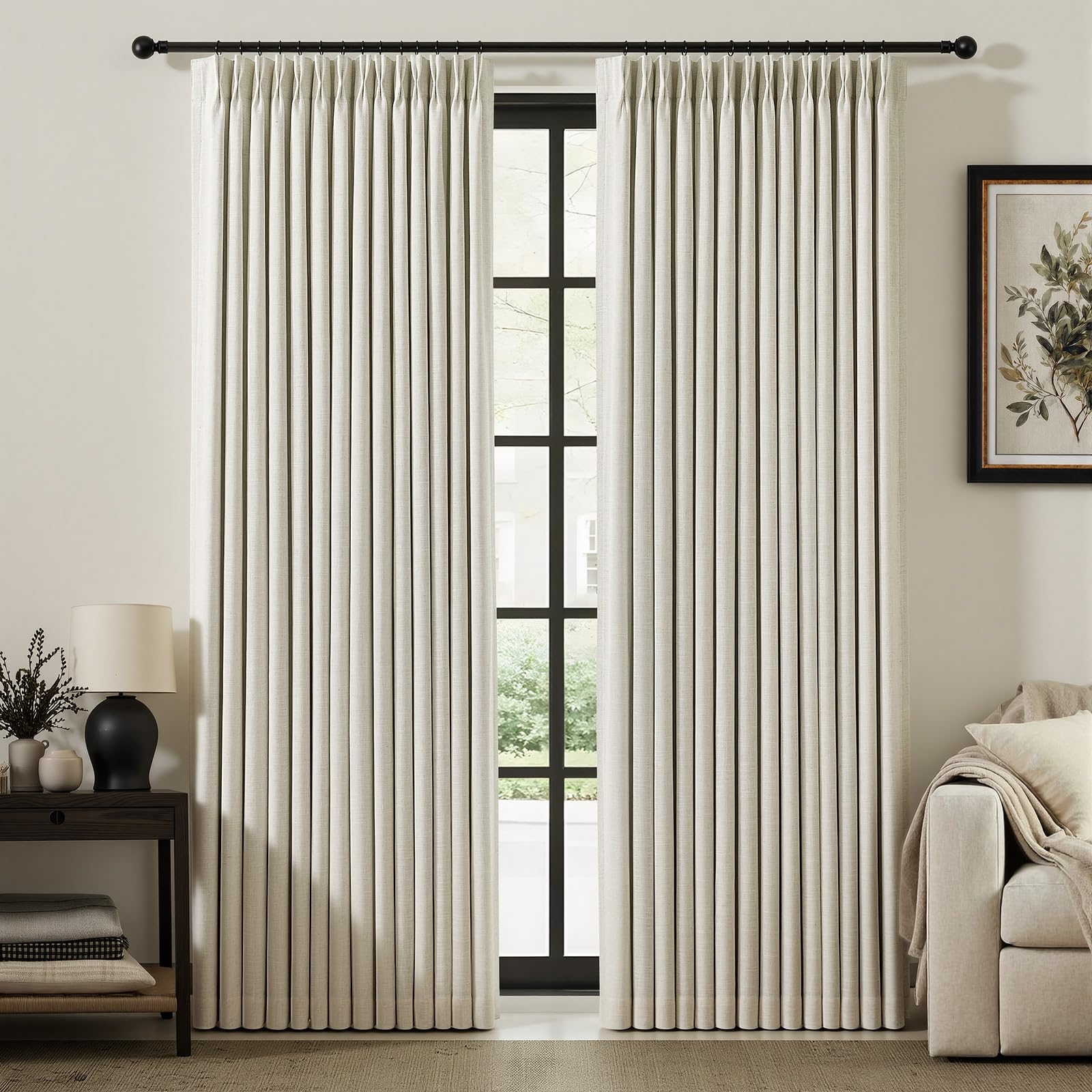 IVAPUPU natural pinch-pleat curtains 90-inch panels offer elegant drape for living spaces.
