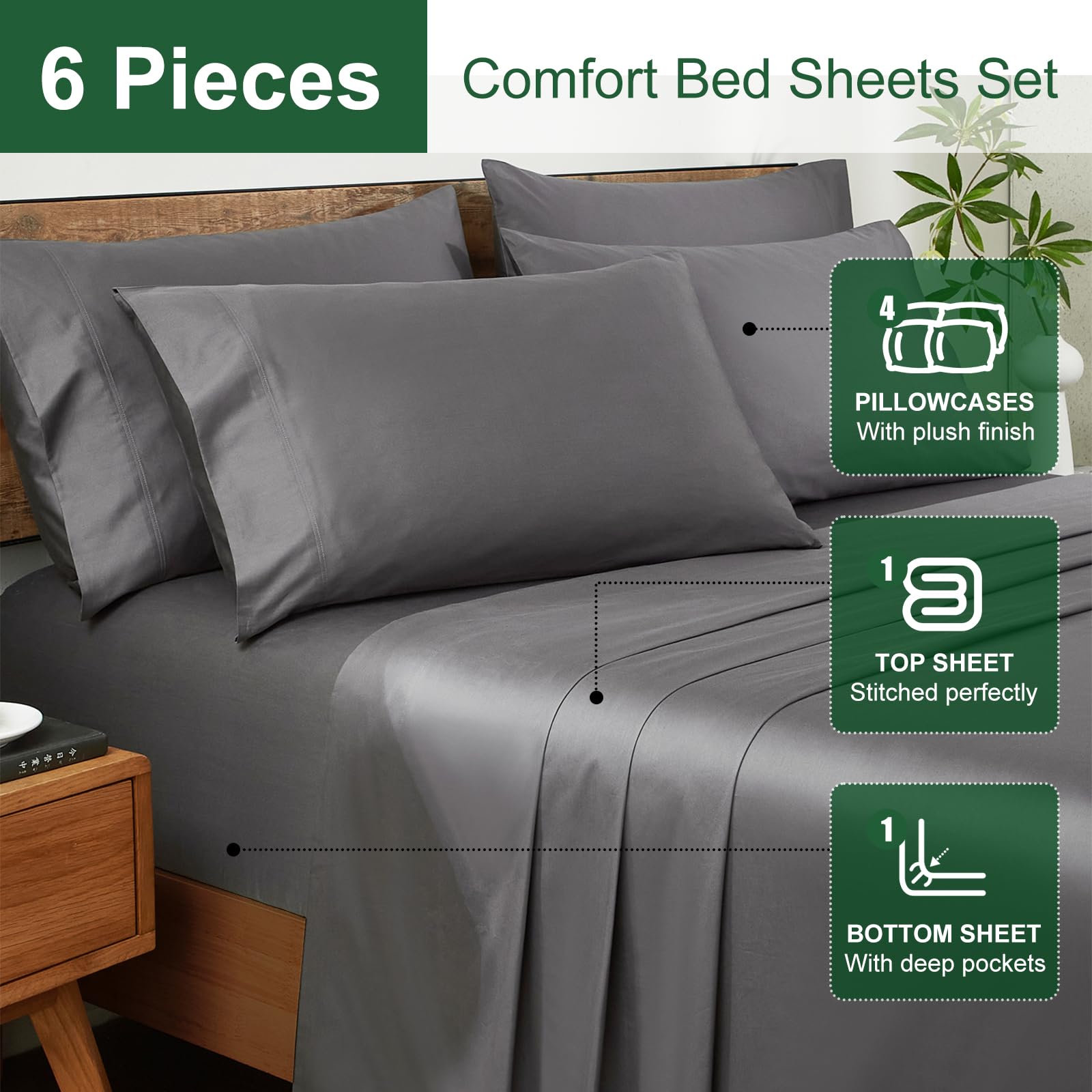 Ivellow 6-piece queen sheet set shown open, including flat sheet, fitted sheet, and pillowcases.